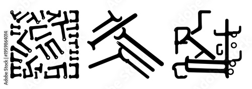 L-shaped hex keys set with solid black silhouette isolated on white featuring tool kit equipment, solid fill, vector illustration with black and white and simple design