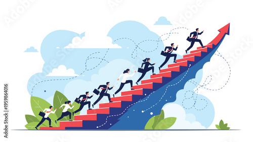 Group of diverse business people running up a staircase shaped like an ascending red arrow representing professional growth and career success.