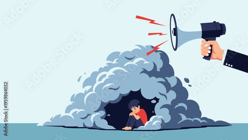 Young boy feeling overwhelmed and crying inside a dark cave formed by storm clouds as a large hand shouts through a loud megaphone above him.