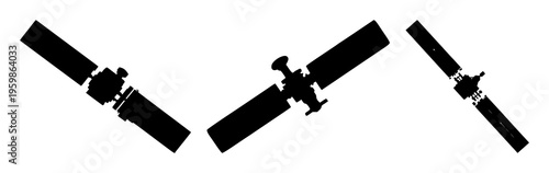 Satellite set with orbiting silhouette against stylized night sky featuring stars, moon, Earth with line art and vector illustration
