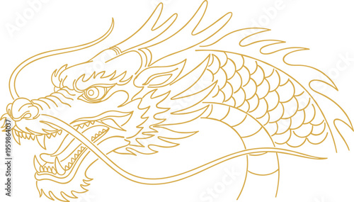 Gold dragon head line art illustration for asian culture design and traditional chinese new year celebration.