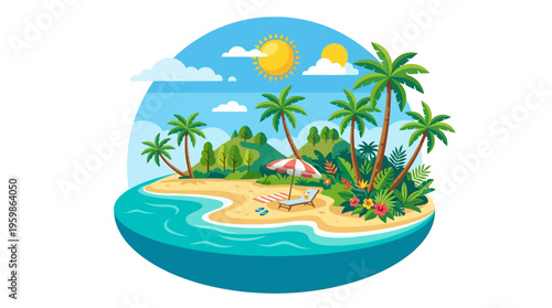 Tropical Island Paradise Beach Scene with Palm Trees and Ocean.