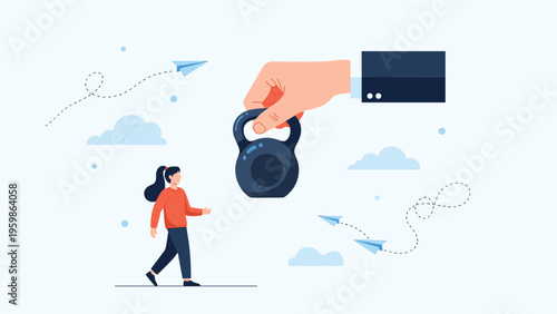 Woman walking towards a giant hand holding a heavy kettlebell symbolizing the weights and burdens often encountered in professional or personal life.
