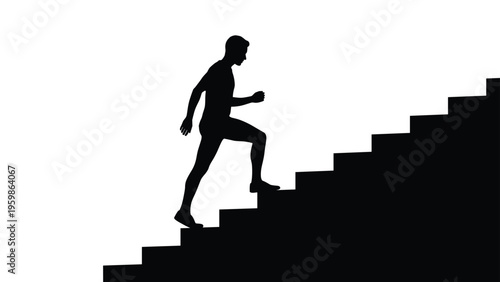 Black silhouette of a motivated man climbing up a set of stairs against a plain white background representing personal progress and success.