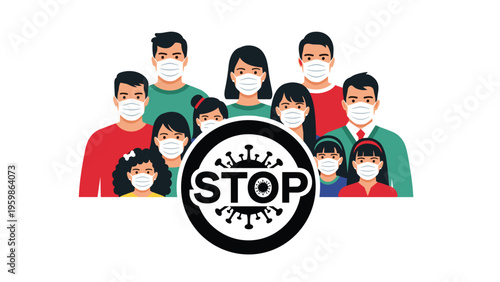 Diverse group of men women and children wearing protective medical face masks standing behind a large stop sign with a coronavirus symbol.