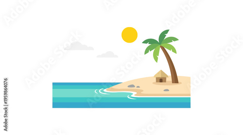 Tropical Island Paradise with Palm Tree and Hut.
