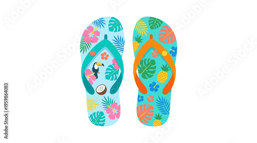 Tropical Flip Flops with Toucan and Coconut Design.