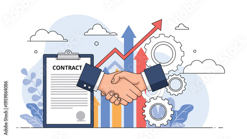 Professional handshake between two business partners over a signed contract document with rising financial charts and gears in the background.