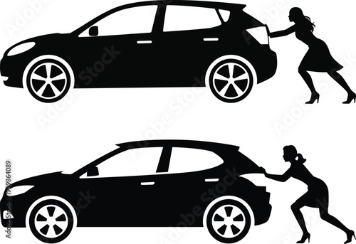 Silhouette of woman pushing stalled car, vehicle breakdown assistance concept, emergency roadside situation, strong female effort, transportation problem illustration