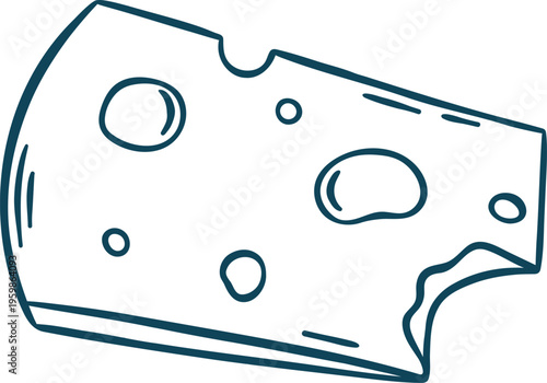 Doodle style cheese slice with holes and Mediterranean blue outline. Clean hand-drawn vector of dairy product for food packaging or cafe branding
