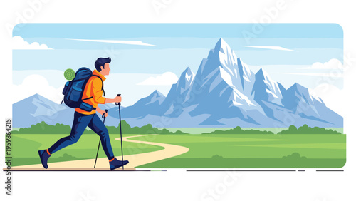 Active young man with a large backpack and trekking poles hiking along a trail with majestic snowy mountains in the background under a blue sky.