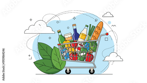 Full shopping cart overflowing with various fresh food items like bread vegetables and bottled drinks against a clean background with leaves.