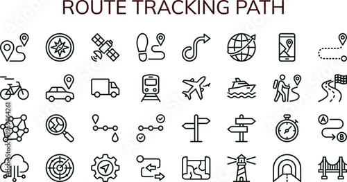 Route tracking path outline icon set featuring navigation GPS waypoint travel logistics map direction monitoring interface vector symbols collection