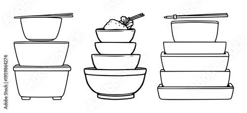 Graphic vector of a tiered bento box, Japanese cuisine minimalist art, clean outlines, white background. set with simple line art design featuring simple design, minimalist, black and white with il...
