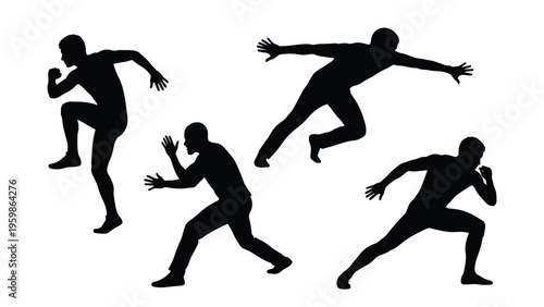 Four black silhouettes of a muscular man in dynamic athletic poses including running stretching and jumping against a white background.