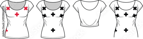 Women short sleeve t shirt technical fashion flat with graphic print placement guide vector illustration