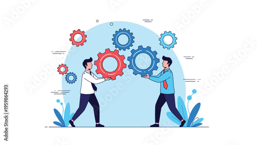 Two professional businessmen working together to align large gears representing teamwork coordination and effective business management processes.