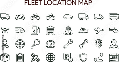 Fleet location map outline icon set featuring vehicle GPS tracking transport logistics navigation monitoring dashboard interface vector symbols collection