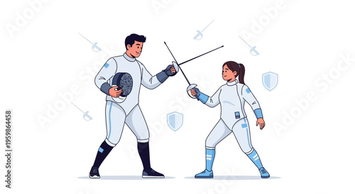 Two fencers engaged in a duel with swords.