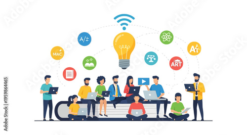 Online Education and E-Learning Concept: Diverse Students Collaborating and Sharing Knowledge via Internet Connection with Technology Icons and Idea Lightbulb. Flat Vector Illustration.