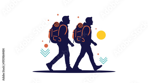 Two minimalist silhouettes of men carrying backpacks walking towards the right with colorful abstract elements like sun and arrows around them.
