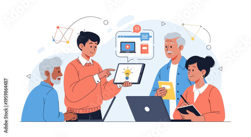 Intergenerational Team Collaboration: Diverse Group Sharing Ideas, Digital Learning, and Innovation Workshop