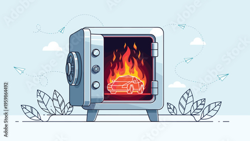 Open metal safe with the interior glowing in orange flames and a white car silhouette inside representing high car insurance costs or risks.