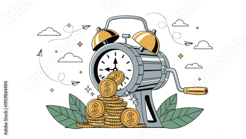 Large mechanical alarm clock with a hand crank producing a pile of gold coins from its side symbolizing that time is money in business.