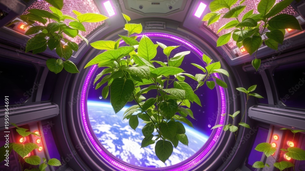 Fototapeta premium Plants grow inside spaceship. Earth visible through window. Purple lights illuminate interior, creating futuristic scene.