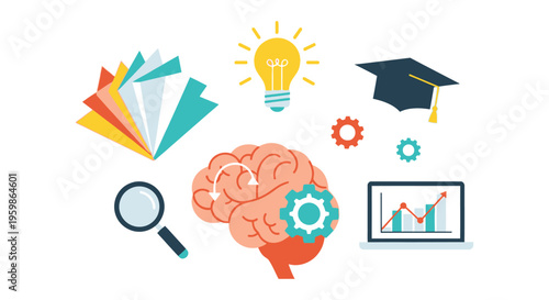 Brain Thinking Process, Learning and Knowledge Acquisition, Idea Generation, Data Analysis, and Education Icons