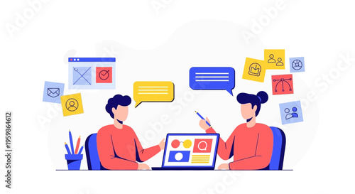 Two people collaborating on a project using a laptop.