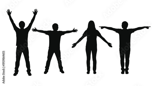 Four black silhouettes of a man in different standing poses with his arms raised wide or pointing sideways to demonstrate range of motion.
