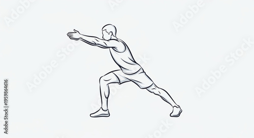 Man performing a lunge exercise with arms extended forward.