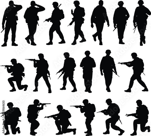 Soldier silhouette illustration, military combat pose artwork, armed forces tactical graphic, army personnel design, defense training icon, battlefield activity artwork