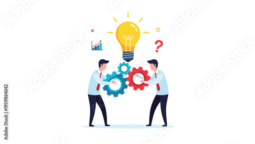 Two professional businessmen working together to connect gears beneath a bright glowing lightbulb illustrating collective creative thinking and innovation.