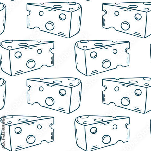 Doodle style seamless pattern with holey cheese slices and Mediterranean blue outlines. Clean hand-drawn vector repeat for cheese shop branding or culinary projects