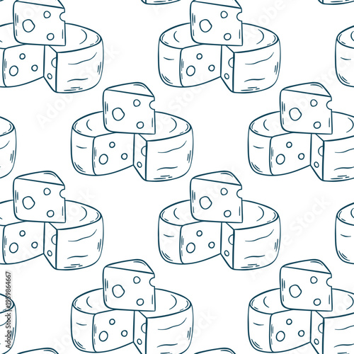 Mediterranean blue line doodle pattern featuring rows of cheese wheels. Minimalist dairy repeat for deli branding, cafe wallpaper or grocery packaging