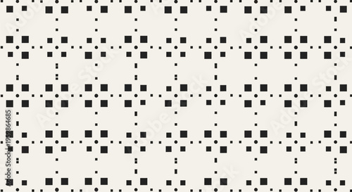 Monochrome geometric seamless pattern of varying sized squares and dots arranged in a grid creating a structured and modern abstract design