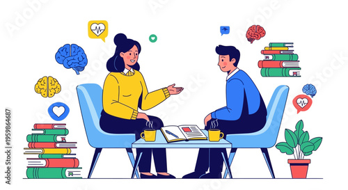 Two people in a therapy session discussing mental health.