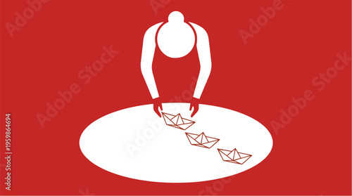 Woman Releasing Paper Boats into Water Representing Letting Go, Freedom and New Beginnings in Life – Vector Illustration