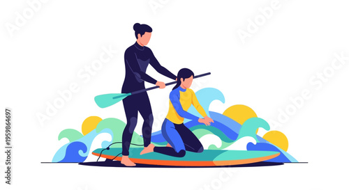 Two people paddleboarding together in the ocean.