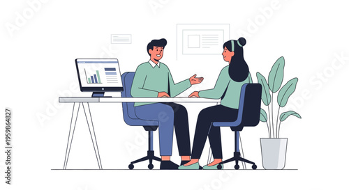 Two professionals discussing business at a desk.