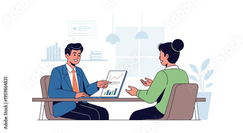 Two professionals discussing financial data on a laptop screen.