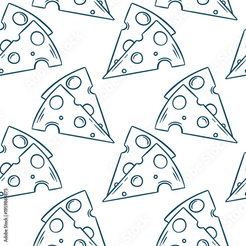 Hand-drawn cheese slice pattern in simple blue line technique. Mediterranean-inspired vector print for food packaging, wrapping paper or gift design