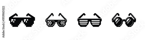 Pixel sunglasses icon set. Retro 8 bit glasses, cool hipster eyewear vector isolated on white background