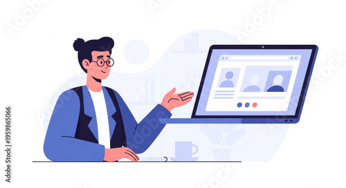 Man Presenting on Video Call with Laptop, Remote Work Illustration.