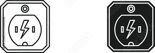 Electric wall socket icons with lightning bolt symbol representing power energy supply and electrical charging in black flat vector illustration