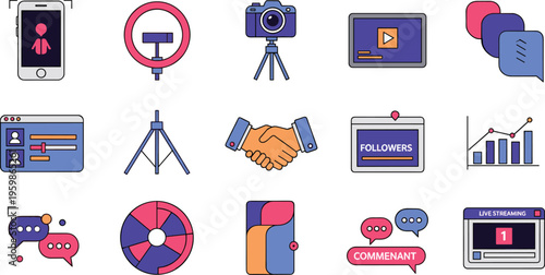 Social media influence and live streaming content creation icon set