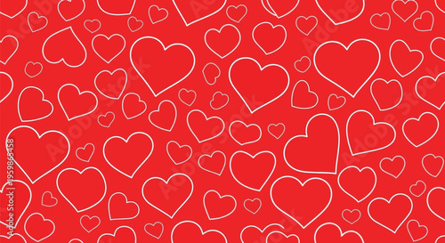 Red background with white heart outlines of various sizes creating romantic love theme for valentines day wedding invitations and festive greeting cards