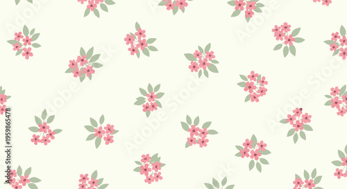 Seamless floral pattern with hand drawn pink blossoms and green leaves on cream background for textile design wallpaper wrapping paper fabric scrapbooking